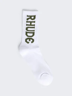 Rhude Vertical Logo Socks White And Olive